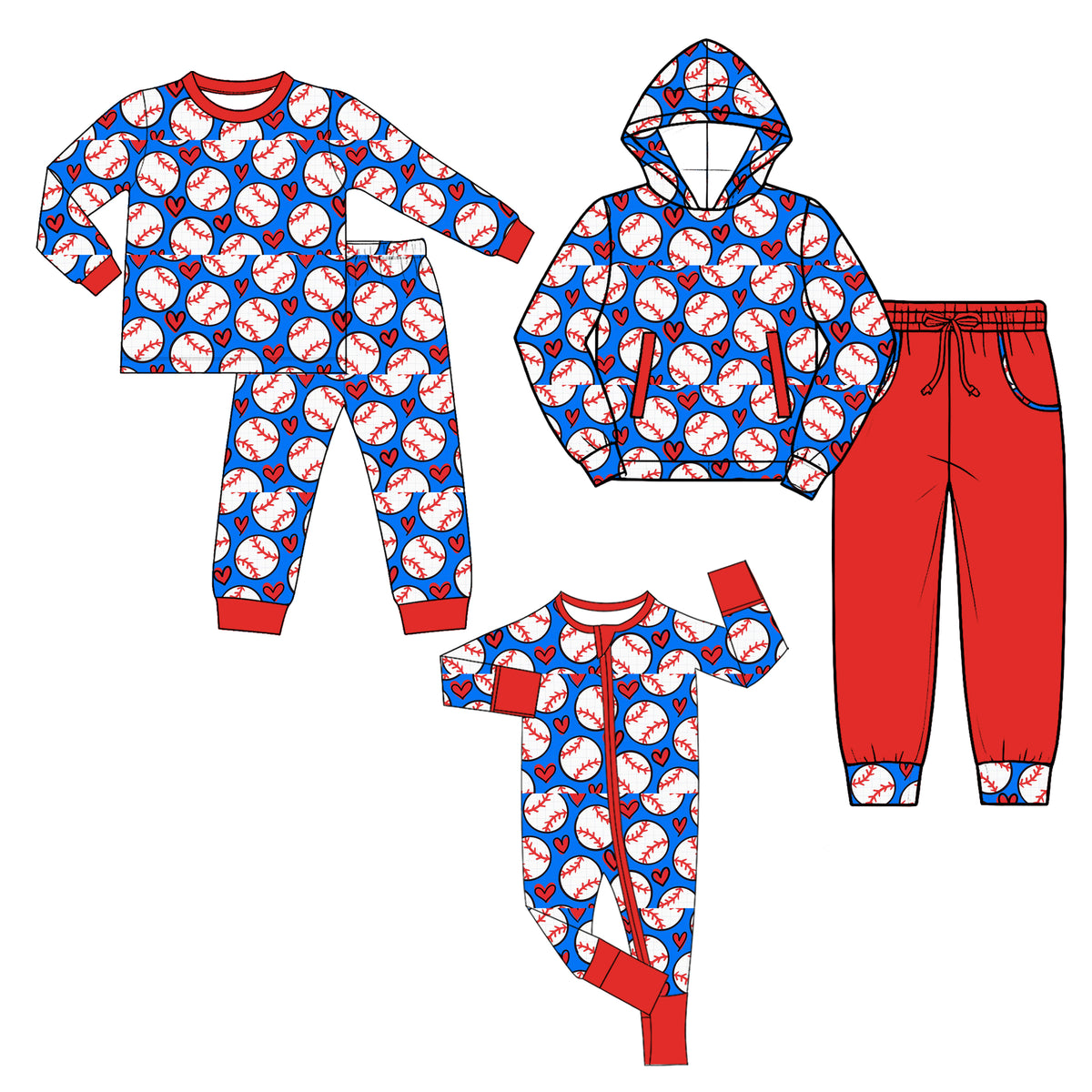 (Preorder new) No moq Baby Kids Baseball Heart Print Outfit Sets Toddler Long Sleeve Pajama Set Hoodie And Zipper Romper