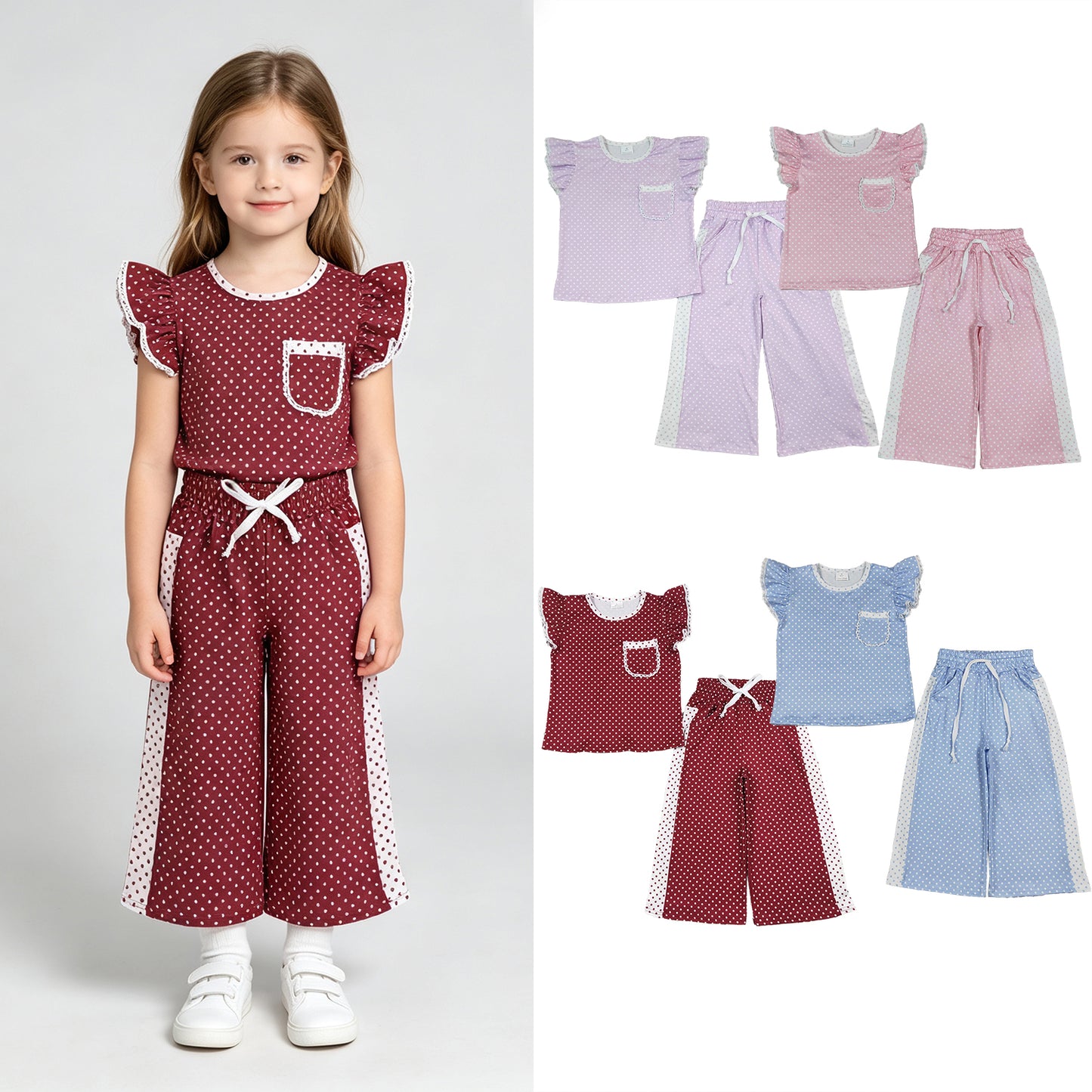 RTS NO MOQ Sibling milk silk Baby Girls Polka Dots Pocket Top Flare Pant Clothes Sets
