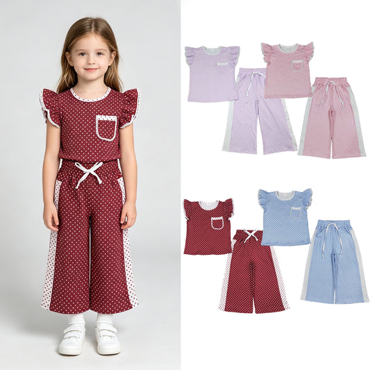 RTS NO MOQ Sibling milk silk Baby Girls Polka Dots Pocket Top Flare Pant Clothes Sets
