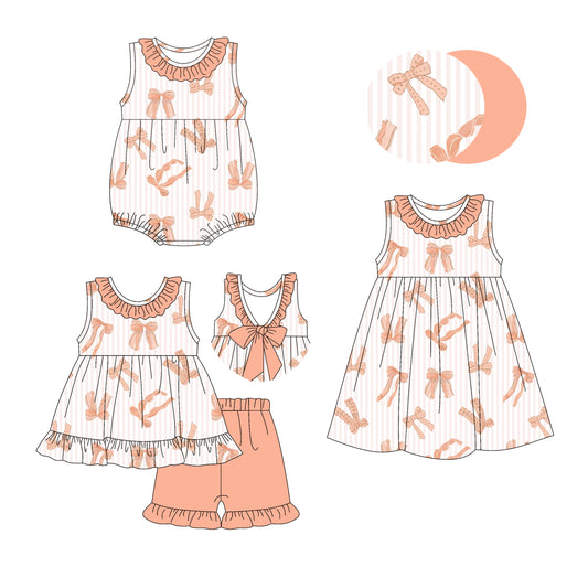 3.19 custom each style moq 5eta 4-6week Sibling Sisters bow baby girl short sleeve shorts sets and dress and rompers match family design