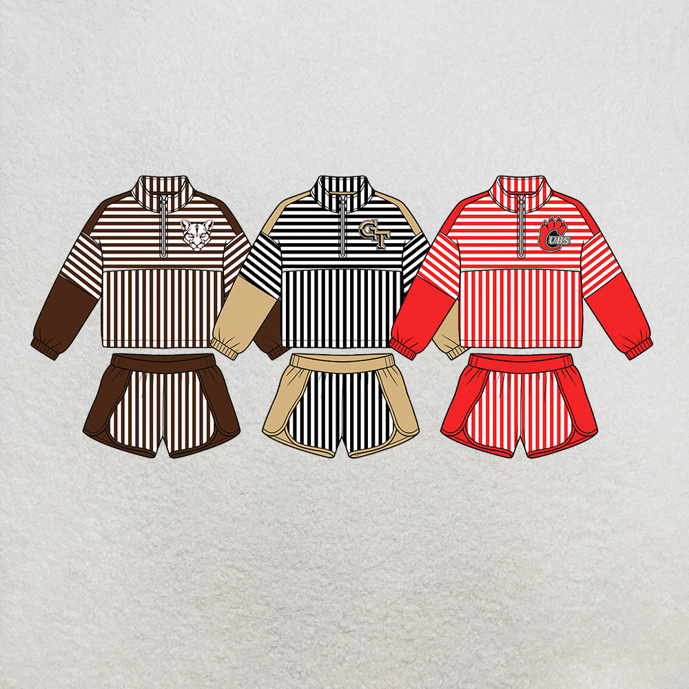 custom moq 5 mix size MSD072706 Baby Kids Stripe Print Zip Pullover Shorts Clothes Set