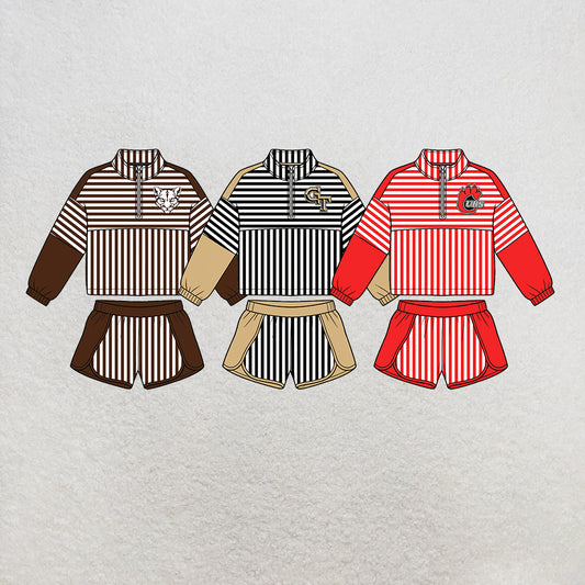 custom moq 5 mix size MSD072706 Baby Kids Stripe Print Zip Pullover Shorts Clothes Set