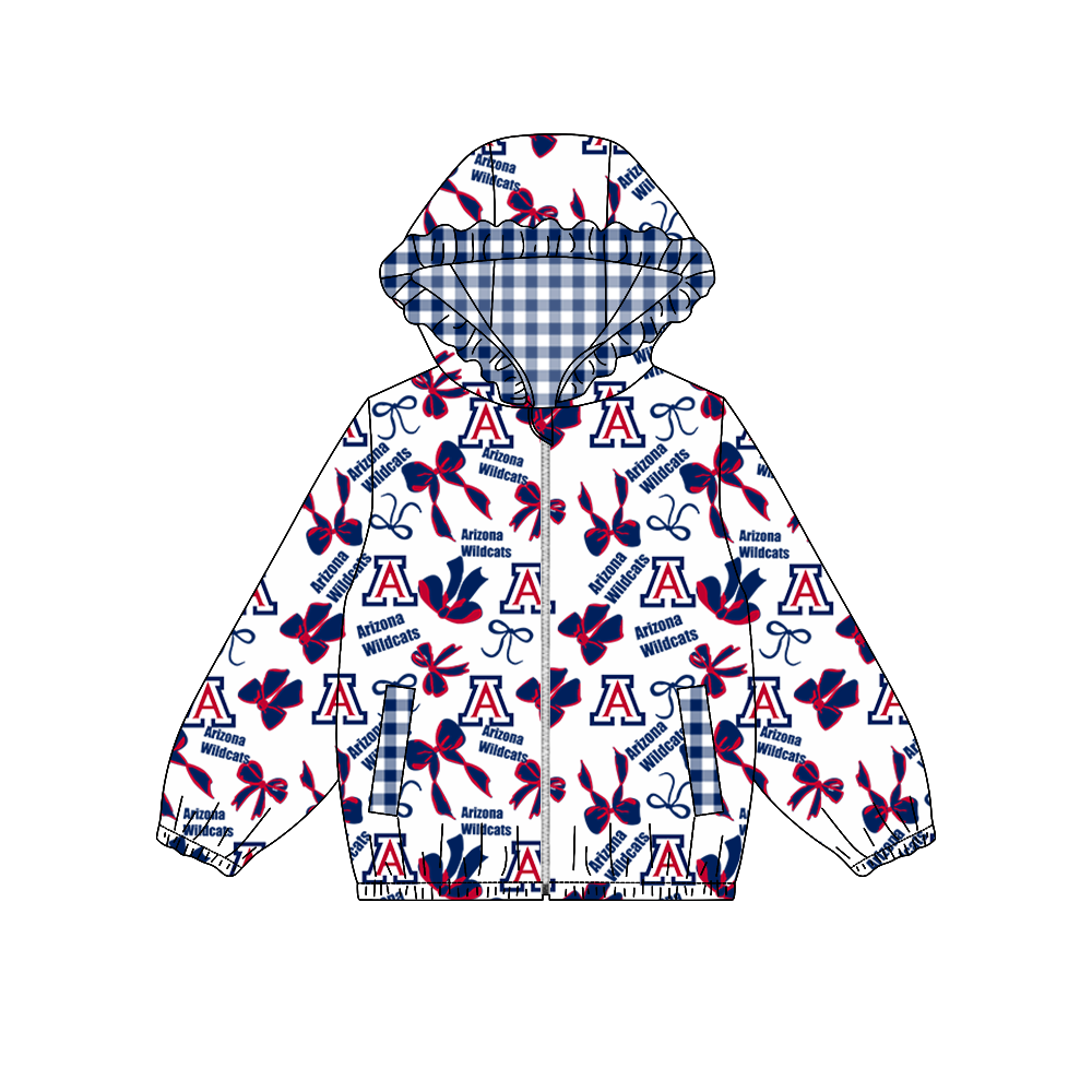 custom moq 5 mix size XFC070901 Baby Girls Bow Pocket Zip Team Print Long Sleeve Hoodie Casual Top