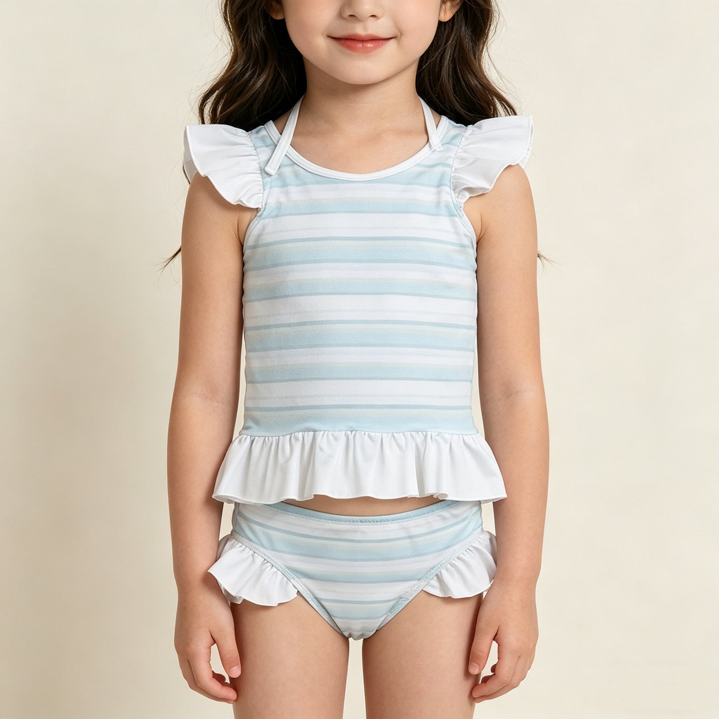 RTS NO MOQ S0652 Baby Girls 2-Piece Swimsuit Light Blue Stripe Ruffle Top with Bummies