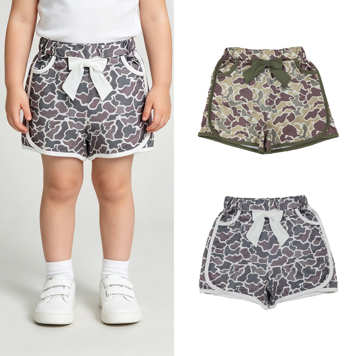 RTS NO MOQ Sibling milk silk Baby Girls Camo Bow Pocket Shorts Bottoms Daily Wear Bottoms