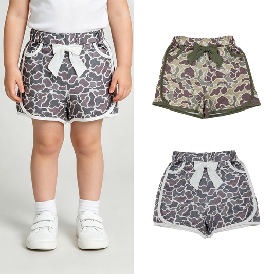 RTS NO MOQ Sibling milk silk Baby Girls Camo Bow Pocket Shorts Bottoms Daily Wear Bottoms