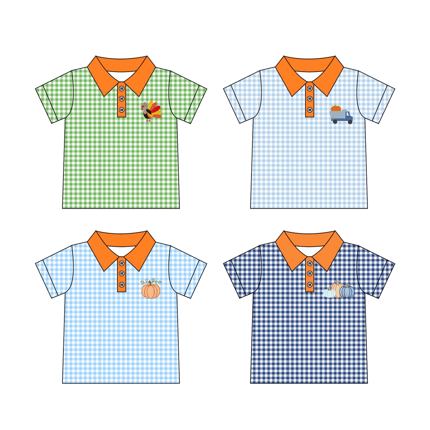 (Preorder new) No moq Polos For Kids Baby Boys Pumpkin Print Plaid Button Short Sleeve Casual Top