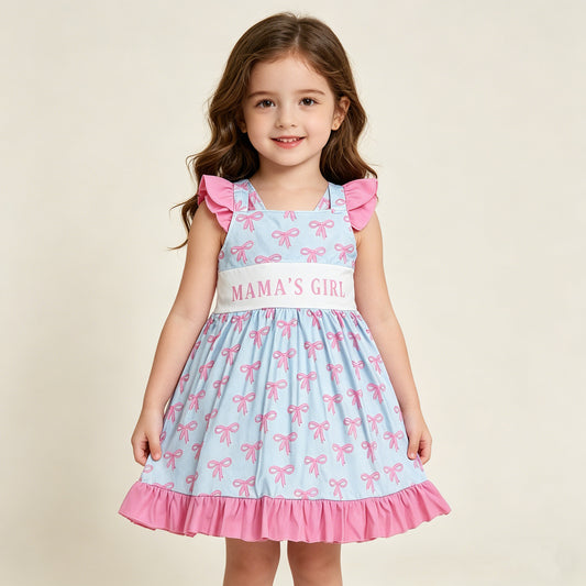 RTS NO MOQ GSD2980 Baby Girls Ruffle Knee-Length Dress with Flutter Sleeves And Mama's Girl Bows