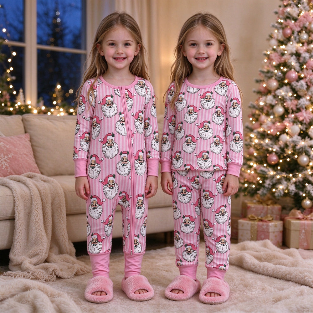 RTS NO MOQ Sibling milk silk Baby Girls Christmas Pink Striped Santa Claus Print Long Sleeve Top And Pants Pajama Set Rompers