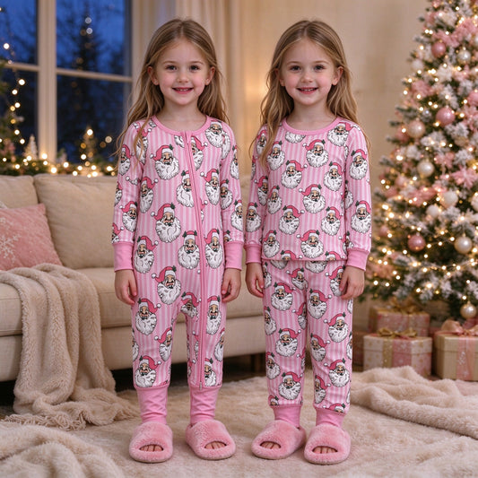 RTS NO MOQ Sibling milk silk Baby Girls Christmas Pink Striped Santa Claus Print Long Sleeve Top And Pants Pajama Set Rompers