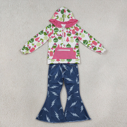 NEW RTS NO MOQ Denim GT1164+ P0128 Cute Clothes Baby Girls Christmas Print Ruffle Hoodie Zip Top Flare Bell Bottom Denim Jeans Set
