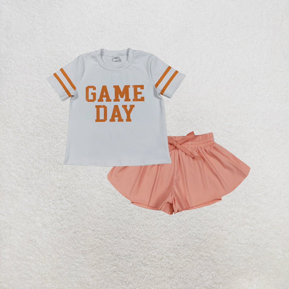 RTS NO MOQ GT1116+SS0547 Baby Girls Vinyl Orange Game Day Yoga Active Tee Shirts Tops