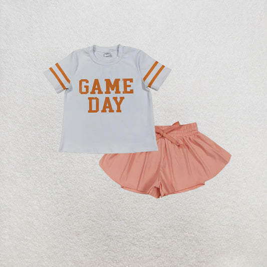 RTS NO MOQ GT1116+SS0547 Baby Girls Vinyl Orange Game Day Yoga Active Tee Shirts Tops