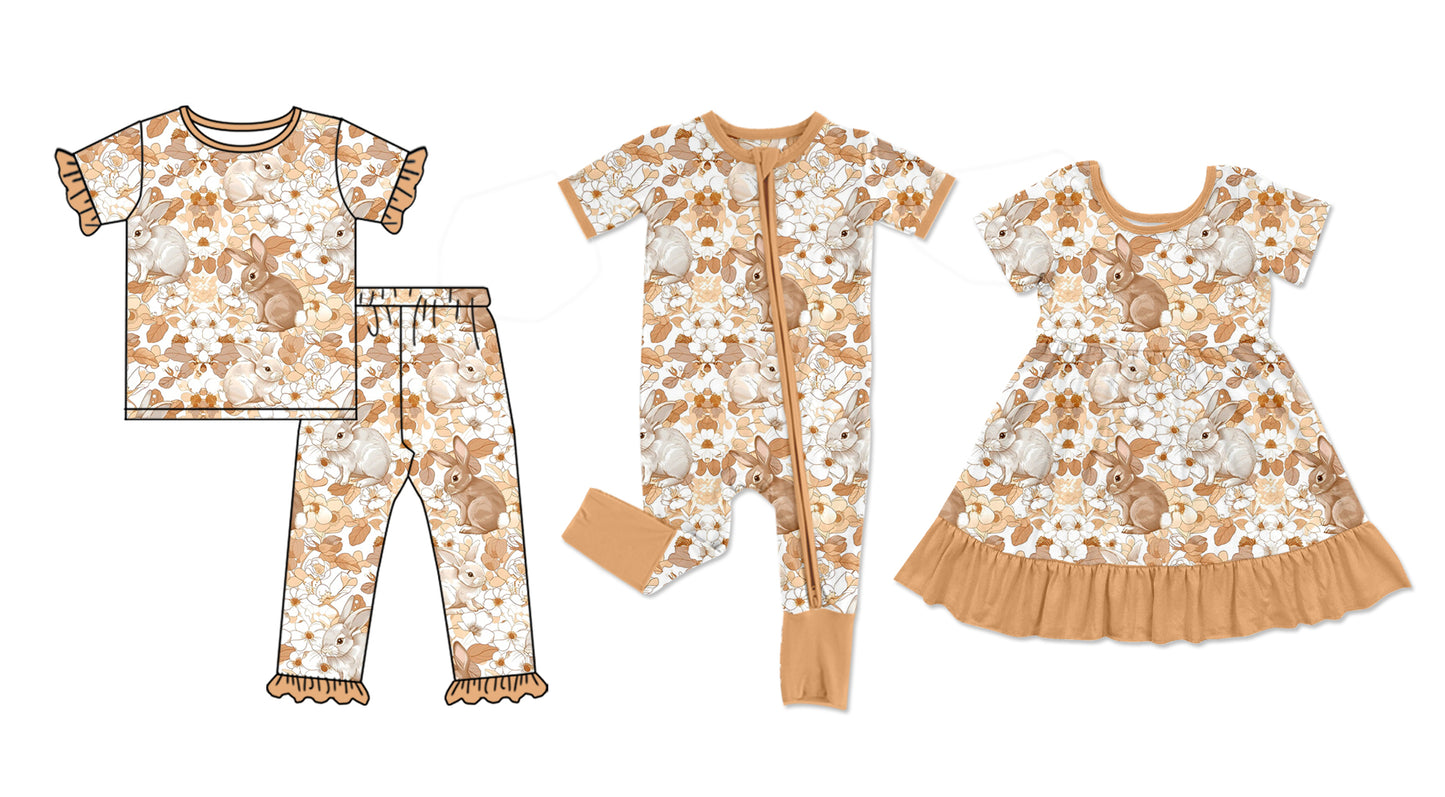 25.10.27 custom each style moq 5 eta 6-8week Sibling Sisters bunny floral baby girl short sleeve pants sets and dress and rompers match family design
