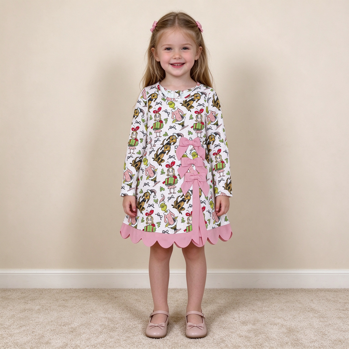 NEW RTS NO MOQ yoga fabric GLD1656 Baby Girls Gifts Bows Scallop Hem Christmas Yoga Active Knee Length Dress