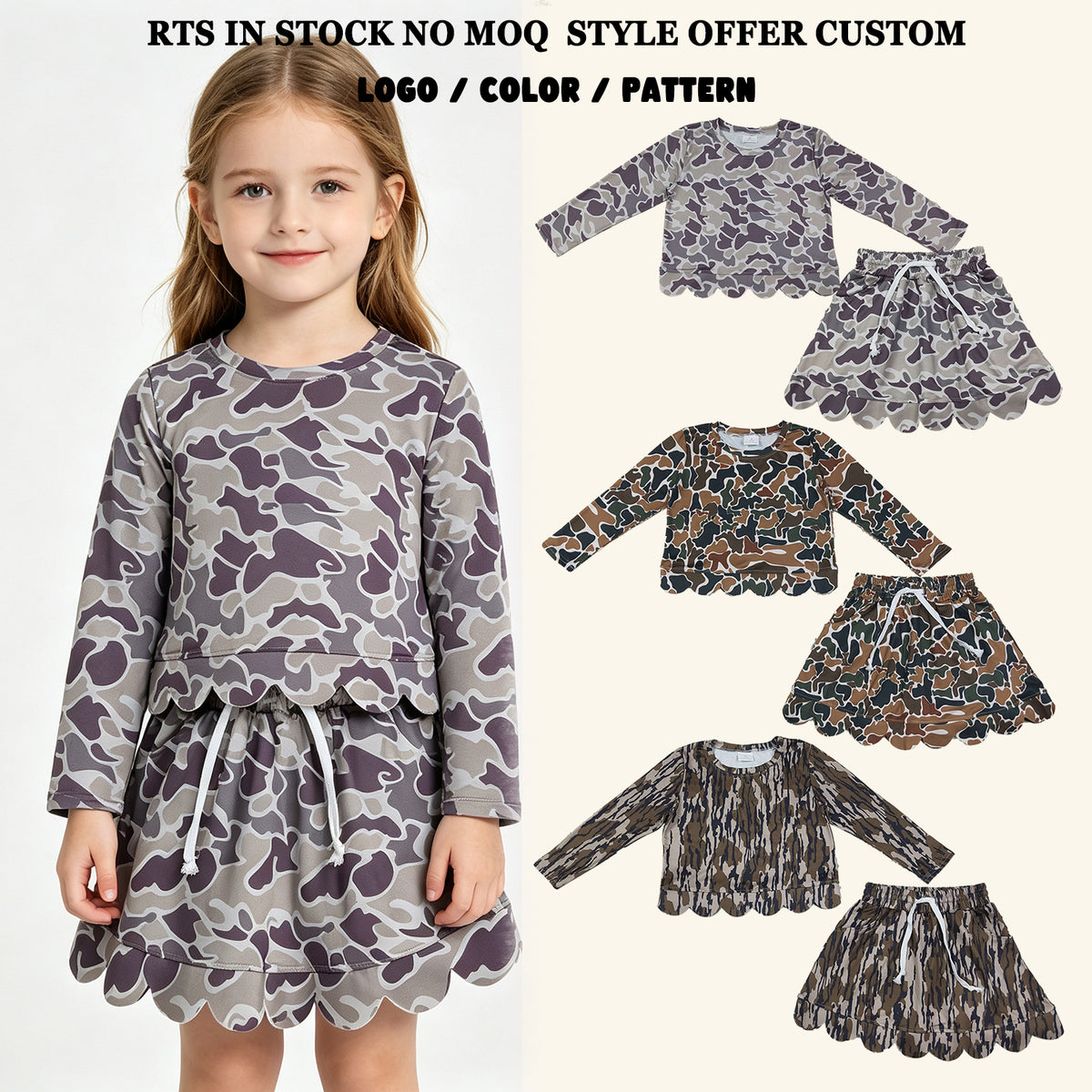 RTS NO MOQ Sibling milk silk Baby Girls Long Sleeve Camo Top Skirt Short Scallop Outfit