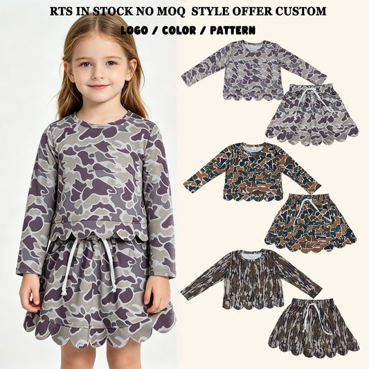 RTS NO MOQ Sibling milk silk Baby Girls Long Sleeve Camo Top Skirt Short Scallop Outfit