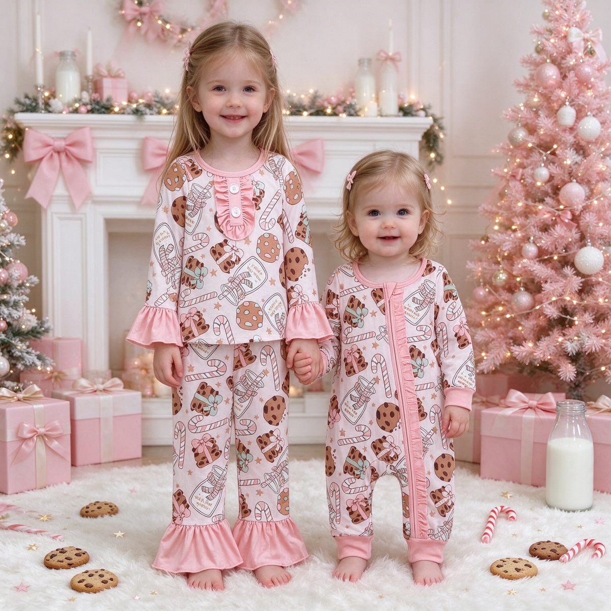 Baby Girls Milk & Cookies Christmas Collection - Ruffle Zip Romper & Flared Ruffle PJ Set