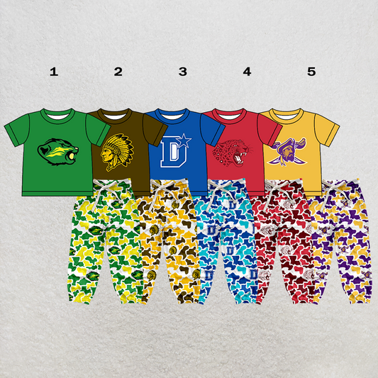 custom moq 5 mix size XY070106 Baby Boys Short Sleeve Top Camo Drawstring Pants Set Team Outfit