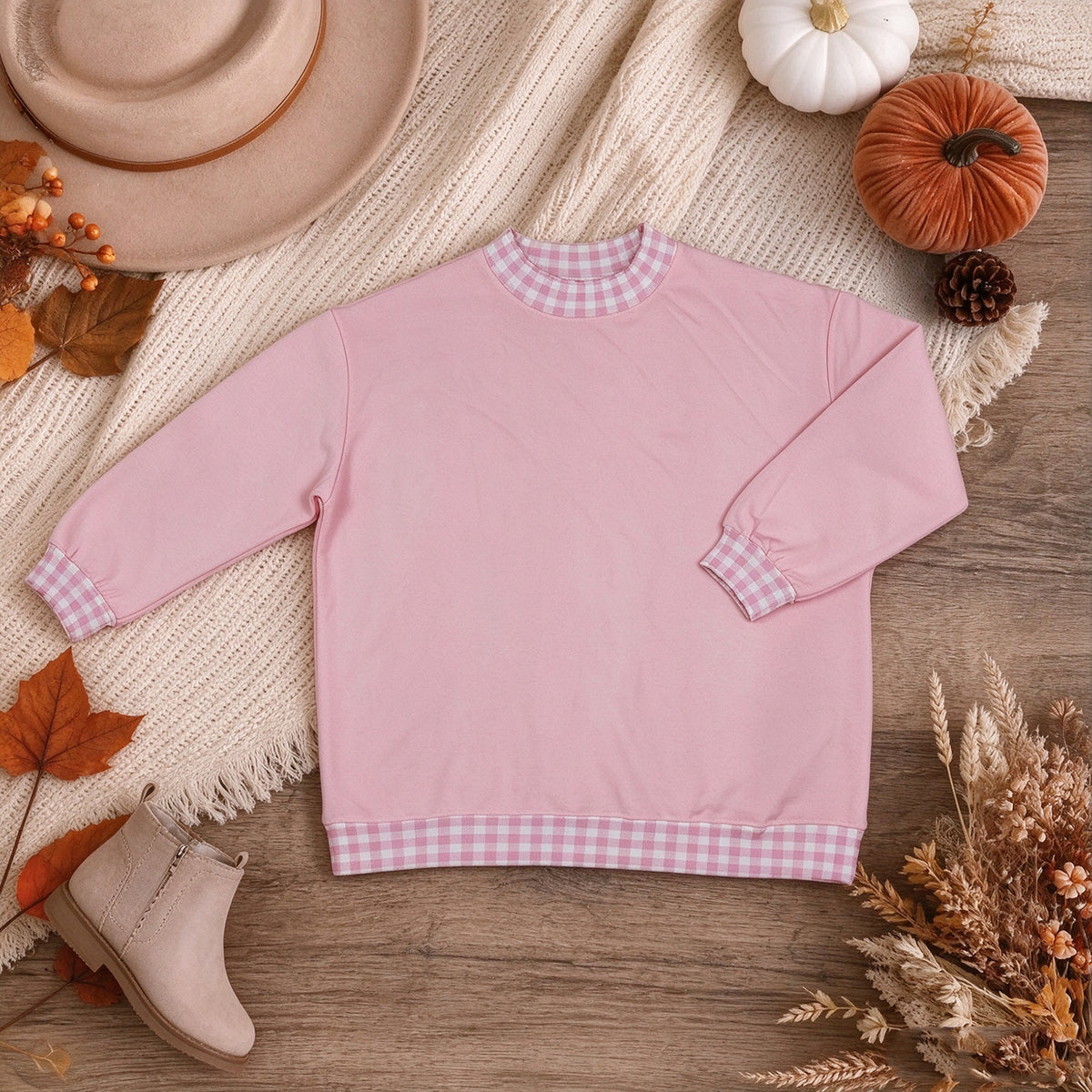 NEW RTS NO MOQ milk silk GT1794 Sweatshirt Material Adult Women Pink Sweater Gingham Tee Shirts Tops Casual Wear Top