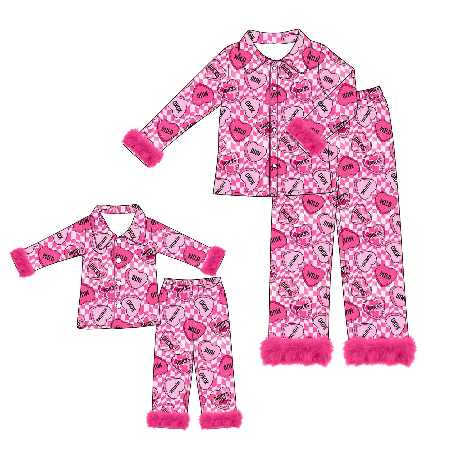 (Preorder new) No moq Adult And Kids Hot Pink Candy Heart Checkered  Matching Pajama Set