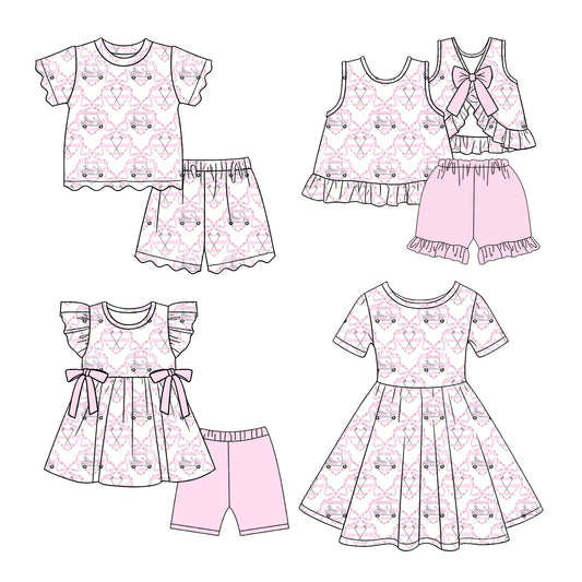 3.17 Custom moq 5 mix size Sibling Baby Girl Pink Bow Short-Sleeved Outfit  And Dress