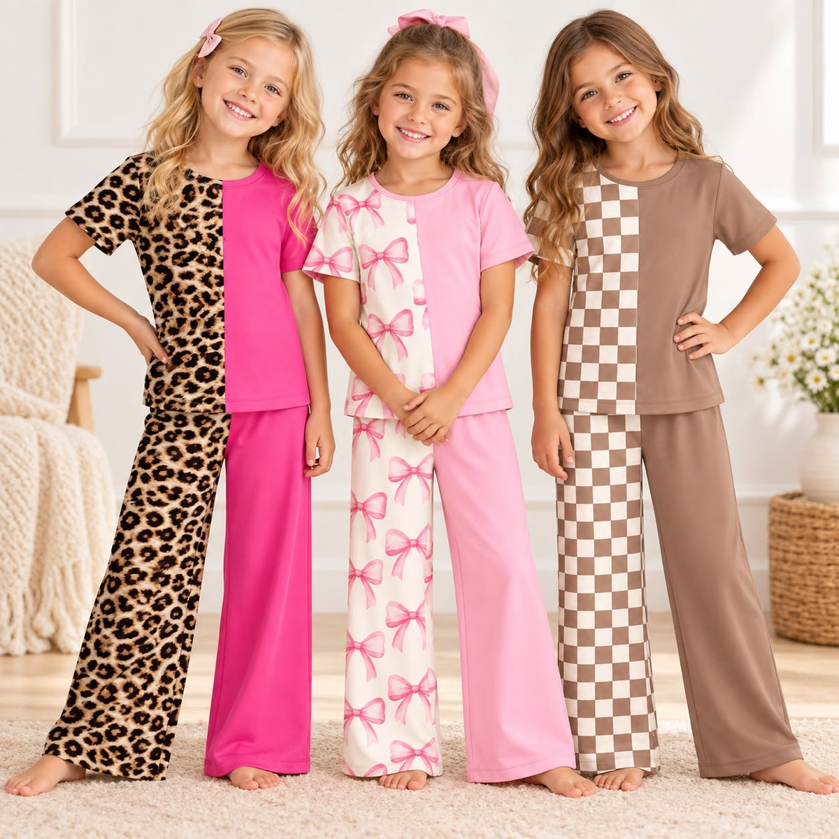 (Preorder new) No moq Baby Girls Half Print Solid Color Short Sleeve Top And Wide Leg Pant Set