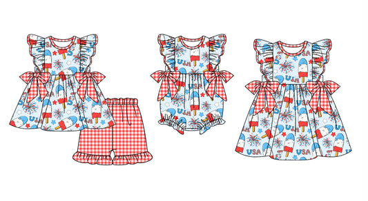 25.12.15 custom each style moq 5 eta 6-8week Sibling Sister USA baby short sleeve shorts sets and romper and dress match design