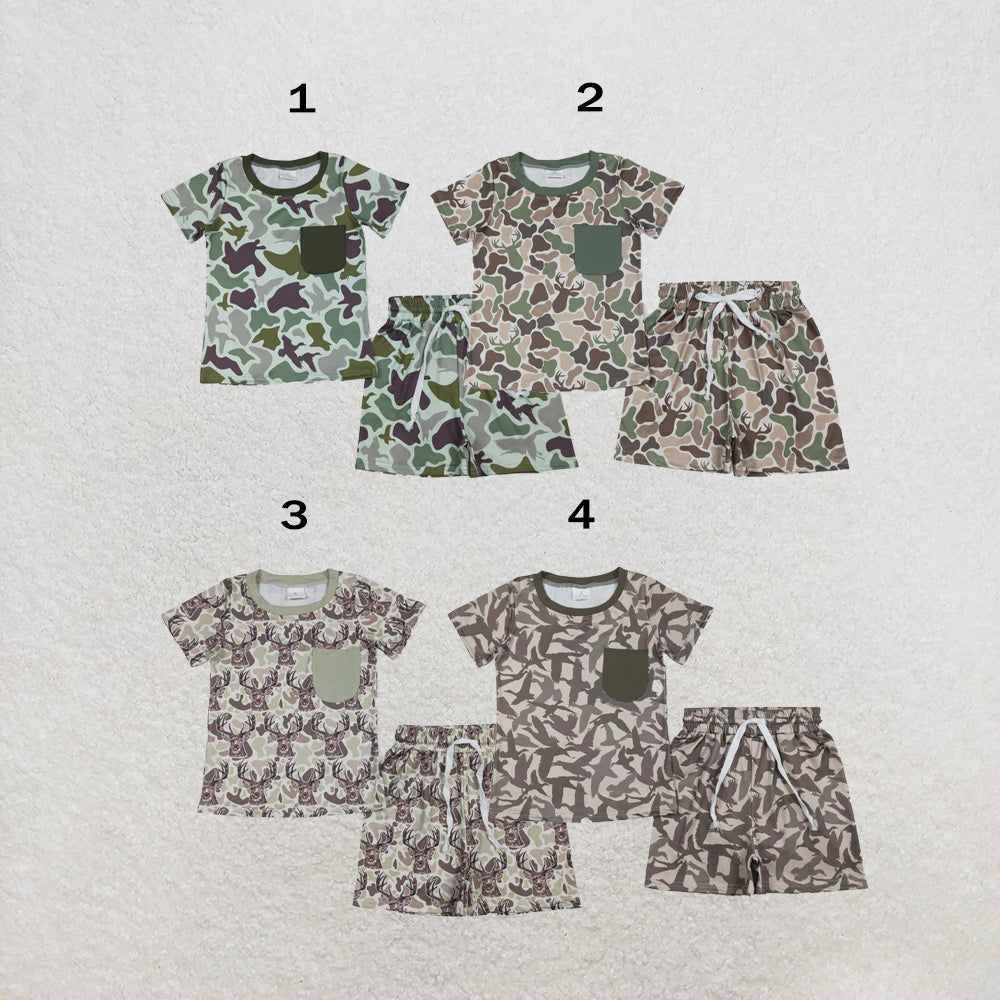 RTS NO MOQ Sibling milk silk Duck Camo Printed Pocket Top Shorts Baby Boys Hunting Pajamas Clothes Sets