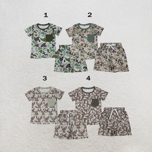 RTS NO MOQ Sibling milk silk Duck Camo Printed Pocket Top Shorts Baby Boys Hunting Pajamas Clothes Sets
