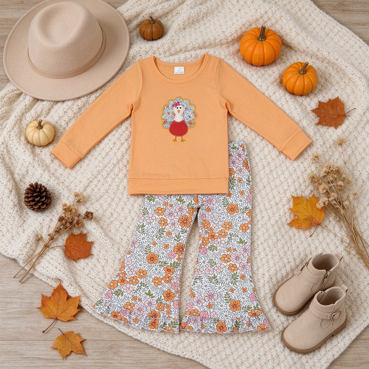 NEW RTS NO MOQ milk silk GLP3563 Embroidery Turkey Flowers Baby Girls Top Bell Bottom Pants Thanksgiving Outfit