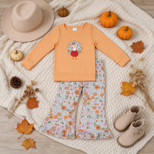 NEW RTS NO MOQ milk silk GLP3563 Embroidery Turkey Flowers Baby Girls Top Bell Bottom Pants Thanksgiving Outfit