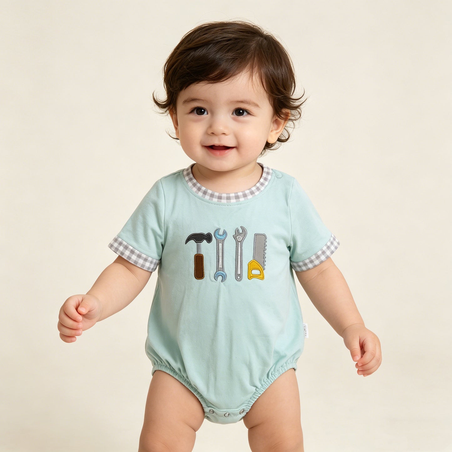 RTS NO MOQ SR3541 Baby Boys Embroidery Tools Short Sleeve Rompers