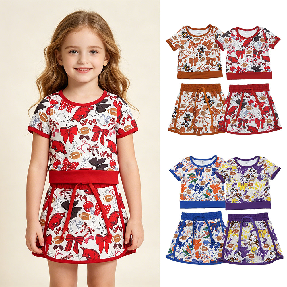 RTS NO MOQ Sibling Baby Girls Team Clothes Set Short Sleeve Bows Football Top Skirt Shorts Outfit