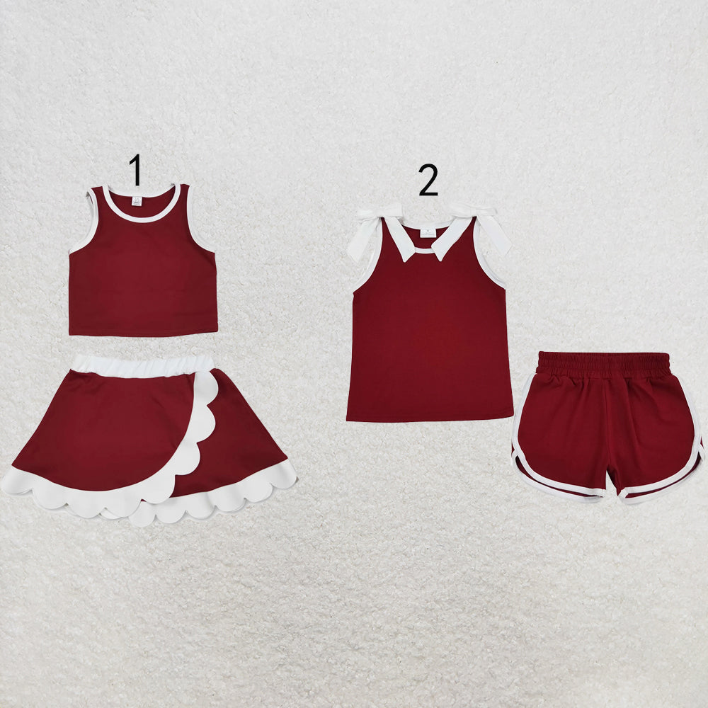 RTS NO MOQ Sibling yoga fabric cotton Baby Girls Maroon White Trim Sleeveless Tank Top Skort Set Bow Strap Sleeveless Tank Short Set
