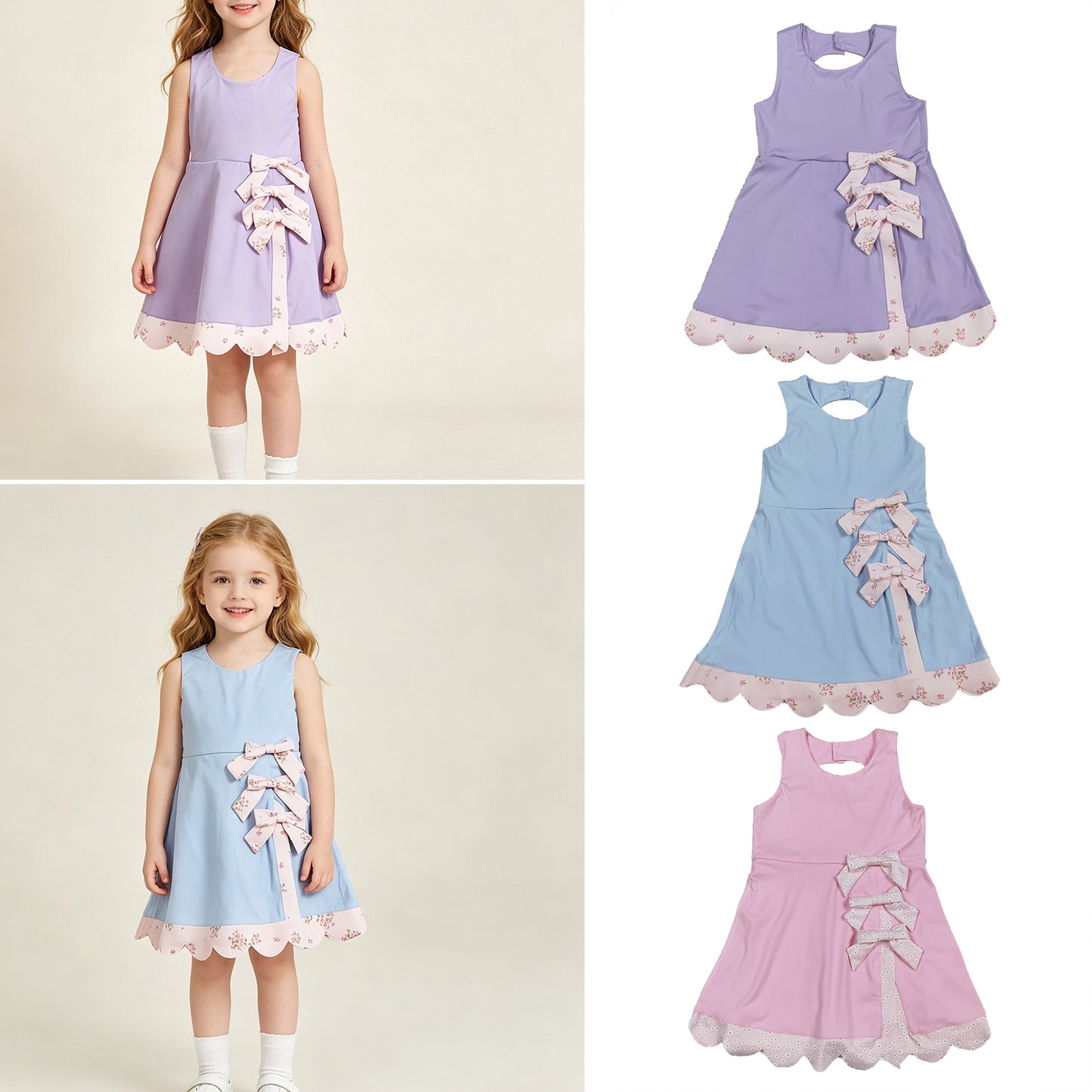 RTS NO MOQ Sibling Baby Girls Bow Scallop Ruffle Yoga Knee Length Dress