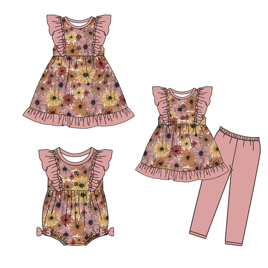 4.28 custom each style moq 5eta 4-6week Sibling Sisters floral baby girl short sleeve pants sets and dress and rompers match family design
