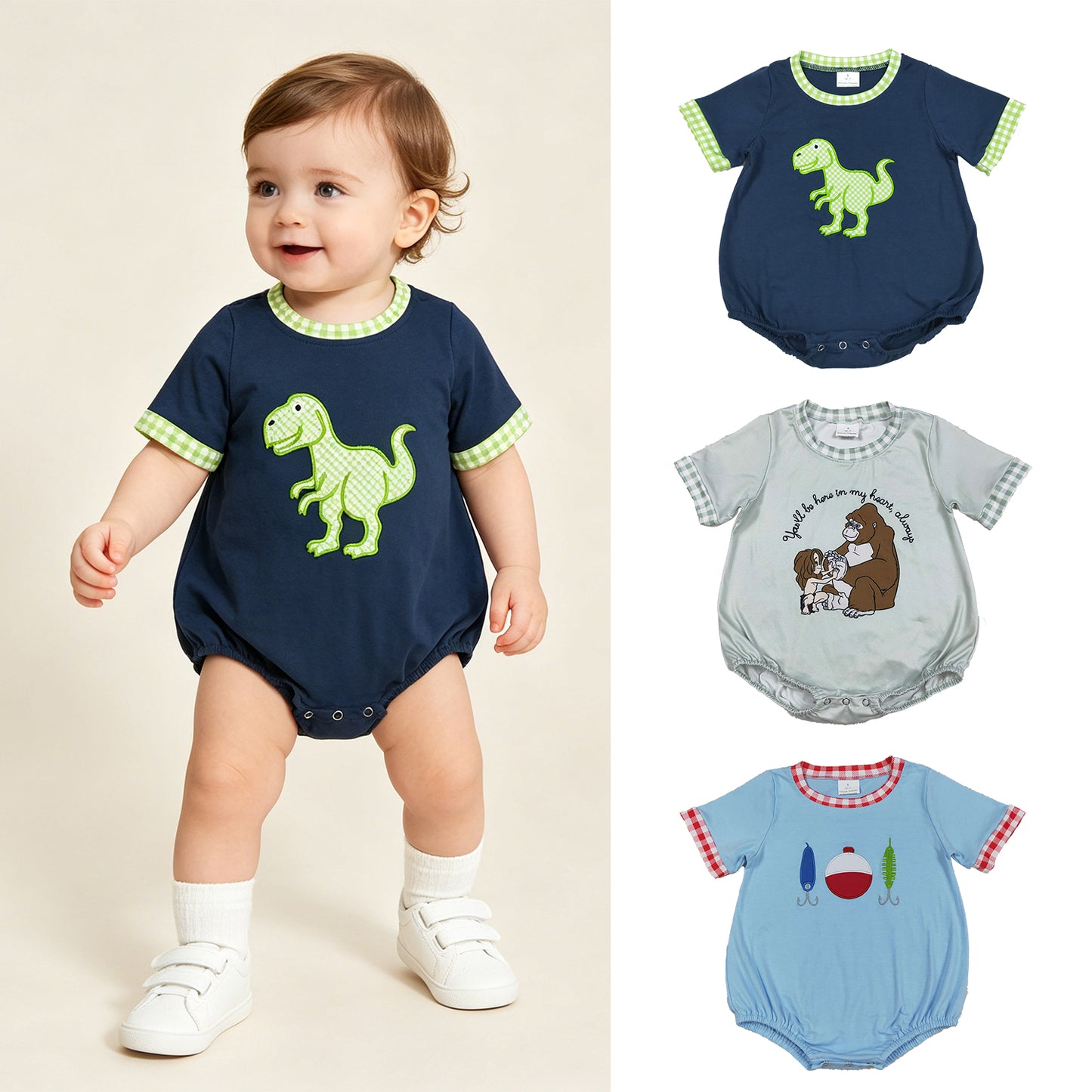 RTS NO MOQ Sibling Baby Boys Embroidery Checked Short Sleeve Casual Summer Rompers