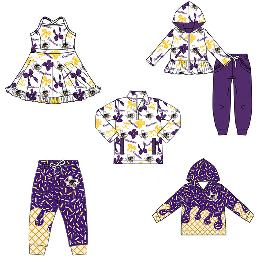 Custom moq 5 mix size milk silk summer teams baby girls clothes bow purple hooded long sleeve pants sets and dress and top and hooded top and pant-25.8.12