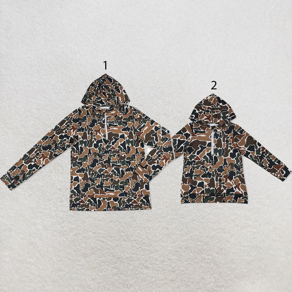 RTS NO MOQ milk silk Sibling Adult To Match Kids Long Sleeve Dark Brown Camo Print Zip Pocket Hoodies Tops Casual Fall Winter Tops
