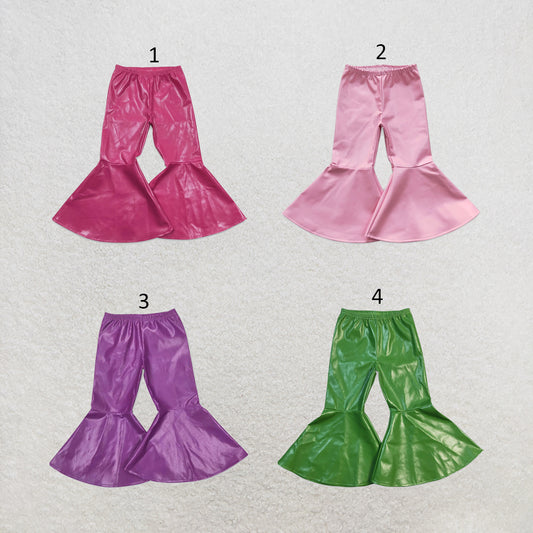 RTS NO MOQ Sibling cotton Baby Girls' Solid Color Pleather Bell Bottom Pants