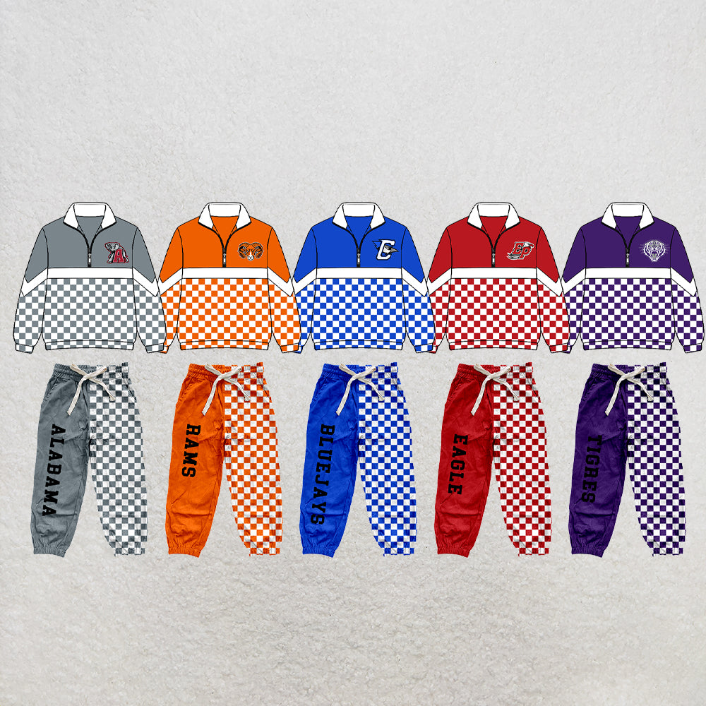 custom moq 5 mix size XY071606 Baby Kids Checked Zipper Long Sleeve Pullover Top Pants Clothes Set