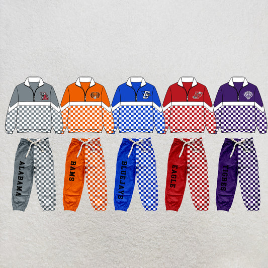 custom moq 5 mix size XY071606 Baby Kids Checked Zipper Long Sleeve Pullover Top Pants Clothes Set