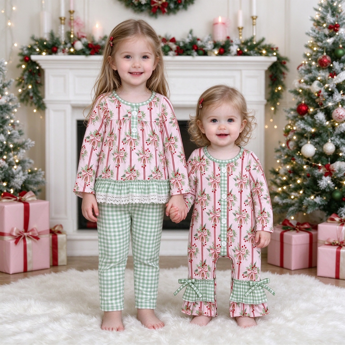 Baby Girls Christmas Bow Holly Collection - Checked Lace Set & Bow Romper