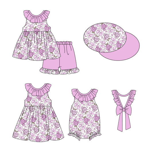 12.26 custom each style moq 5eta 4-6week Sibling Sister floral bow baby girl short sleeve shorts sets and dress and rompers match family design