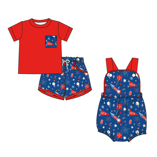 3.23 Custom moq 5 mix size Sibling Baby Boys 4th of July Romper Short-Sleeved  Red Top And Shorts Set Summer Outfit
