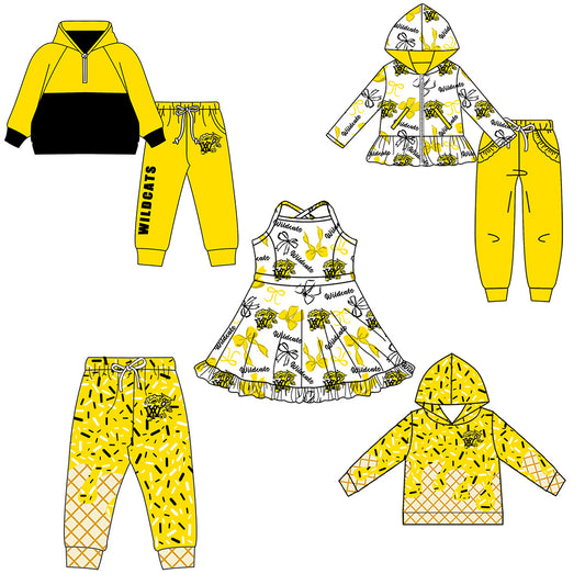 Custom moq 5 mix size milk silk summer teams baby girls clothes bow yellow hooded long sleeve pants sets and boy sets and dress and hooded top and pant-25.8.15