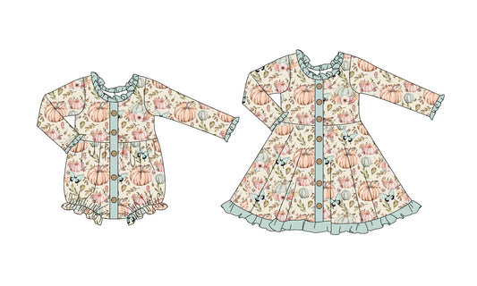 25.5.30 custom each style moq 5eta 4-6week Sibling Sisters pumpkin floral baby girl long sleeve dress and rompers match family design