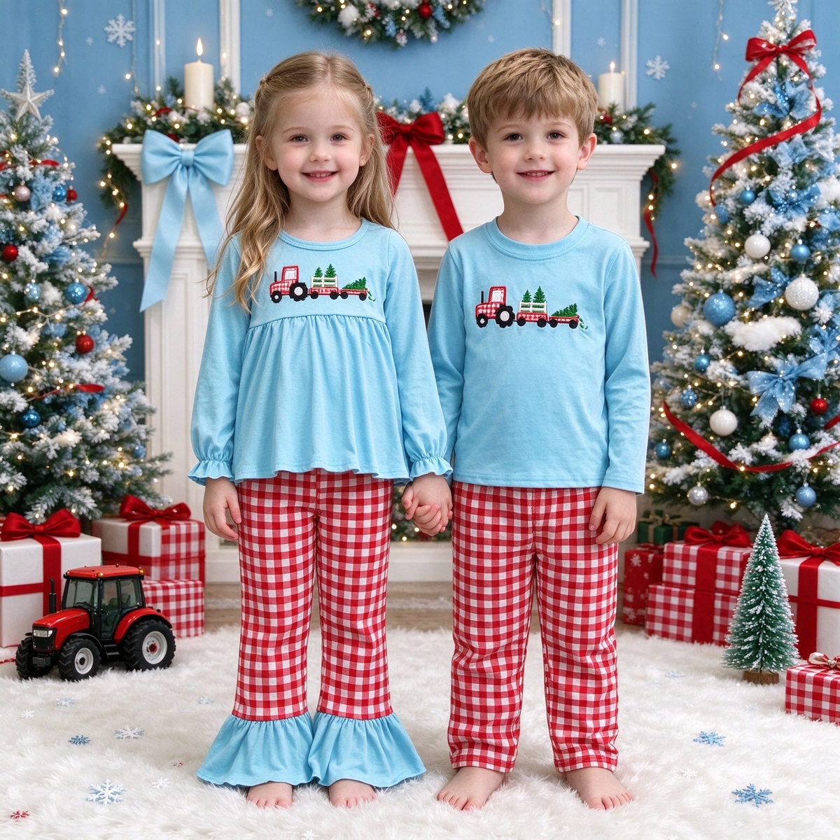 Kids Christmas Tractor Tree Embroidery Collection - Girls Ruffle Outfit & Boys Straight Pant Set