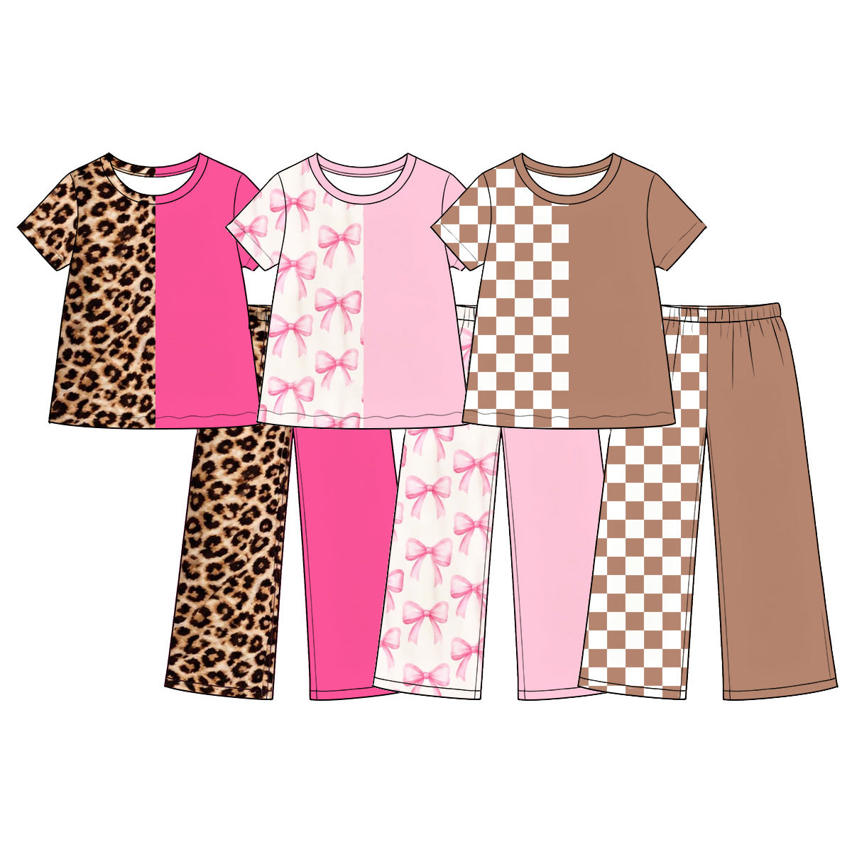 (Preorder new) No moq Baby Girls Half Print Solid Color Short Sleeve Top And Wide Leg Pant Set